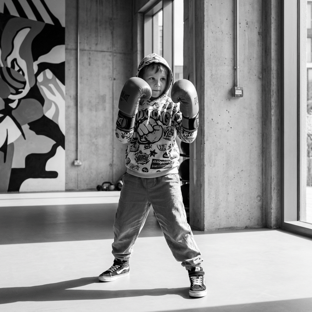 Young boy in hoodie and boxing gloves in fighting stance indoors